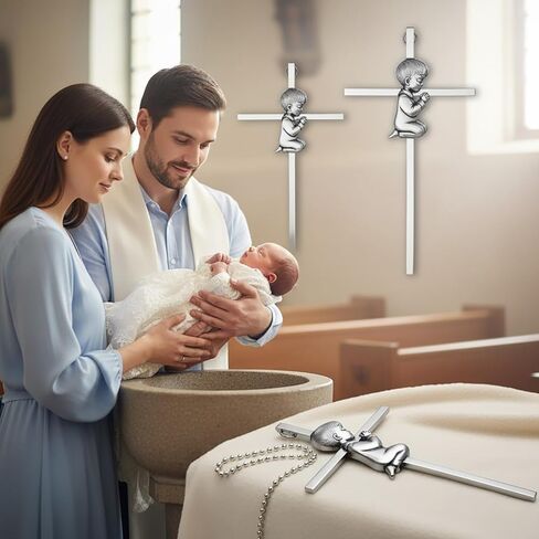 هدايا معمودية للفتيات مقاس 17.78 سم، مجموعة هدايا تعميد كاملة للابنة مع صليب حائط، وحامل خشبي، وبطاقة مباركة وتهنئة في صندوق تذكار أنيق (فتاة مقاس 7 بوصات) in Kuwait