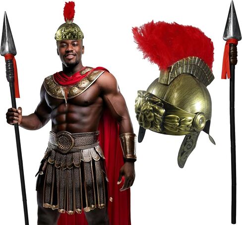 Nicky Bigs Novelties Medieval Gladiator Roman Helmet & Spear Set Faux Feather Plume, Movable Visor & 59" Adjustable Prop in Saudi Arabia