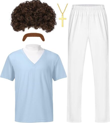 5Pcs Halloween Wrestler Costume Blue T-shirt Pants Wig Beard Necklace for Men Halloween Cosplay Party Dress Up in Saudi Arabia