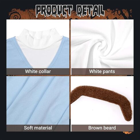 5Pcs Halloween Wrestler Costume Blue T-shirt Pants Wig Beard Necklace for Men Halloween Cosplay Party Dress Up in Saudi Arabia