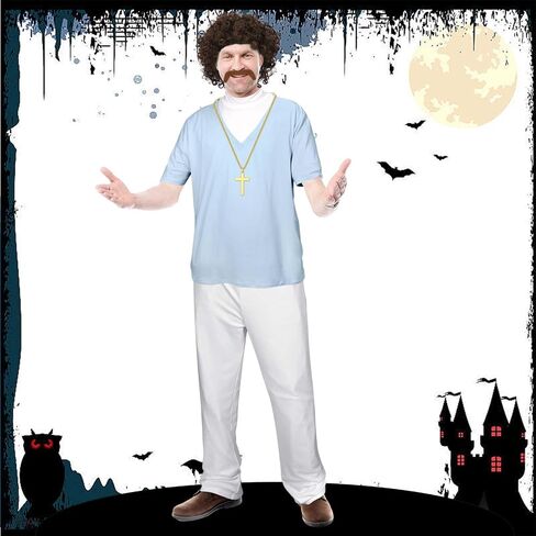 5Pcs Halloween Wrestler Costume Blue T-shirt Pants Wig Beard Necklace for Men Halloween Cosplay Party Dress Up in Saudi Arabia