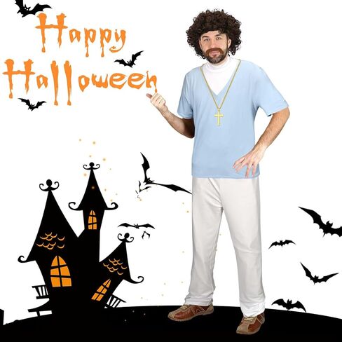 5Pcs Halloween Wrestler Costume Blue T-shirt Pants Wig Beard Necklace for Men Halloween Cosplay Party Dress Up in Saudi Arabia