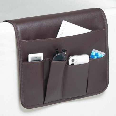 منظم مسند ذراع للأريكة من جلد البولي يوريثان، حامل مجلات كرسي بذراعين، حامل عن بعد مقاوم للماء للأريكة مع جيب كبير، 4 جيوب صغيرة للمجلات، جهاز التحكم عن بعد، الهاتف، الآيباد، الكتب (بني) in Kuwait