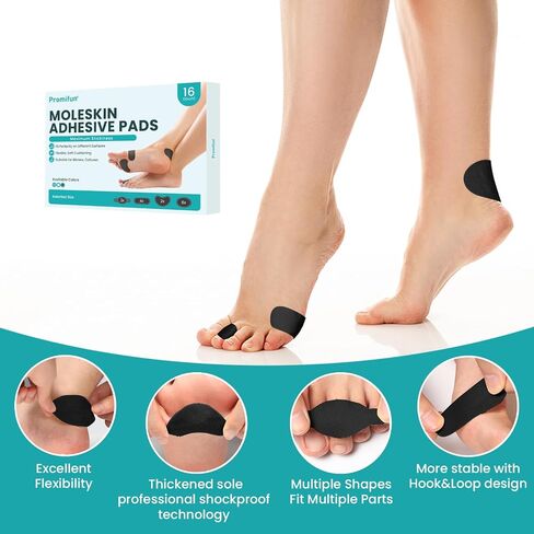 Moleskin Adhesive Tape Pads for Blister - Promifun Blisters Bandages for Foot, Toe, Feet,Finger - Mole Skin Patch for Blister,Callus,Bunion Prevention & Recovery - 16 Sheets of 4 Shapes,Beige in Saudi Arabia