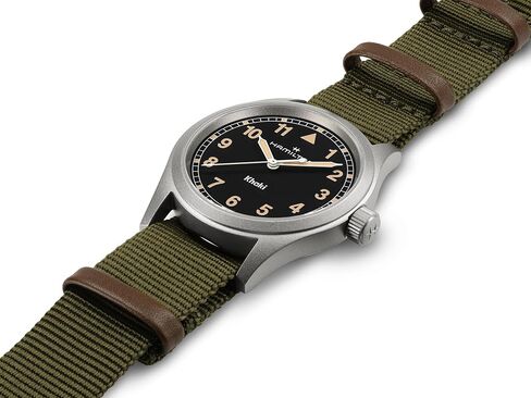 Hamilton Watch Khaki Field Khaki Field Quartz | Swiss Made | 38mm Stainless Steel Case|Black Dial | Green Textile NATO Strap (Model: H69401930) in Saudi Arabia