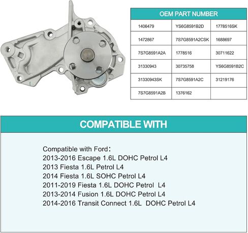 مضخة مياه 1406479 (1.6L L4) لسيارة Ford Escape 2013-2016، Fiesta 2011-2019، Fusion 2013-2014، Transit Connect 2014-2016 بنزين 1472867 7S7G8591A2A 31330943 in Kuwait