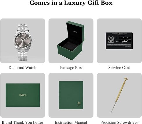 PASCAL Timeless Classic Diamond Watch for Men Women– Swiss Quartz Watch with Lab-Grown Diamonds, Sapphire Crystal, Elegant Dress Watch Gift,10 ATM Water Resistant, Fits 6.5"-9.5" Wrists in Kuwait