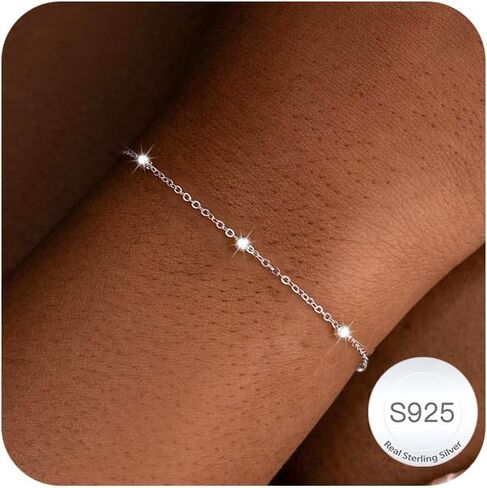 سوار من الفضة الاسترليني 925 للنساء - أنيق 6.5/7 بوصة 3 مم سلسلة ربط الخرز العصرية 16 قيراط مطلية بالذهب سلسلة الأقمار الصناعية القابلة للتعديل مقاومة للماء وغير مشوهة هدية مجوهرات in Kuwait