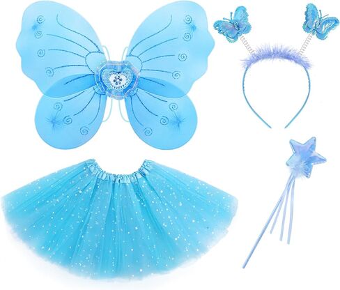 VEKDA 4 Pack Fairy Costume for Girls Butterfly Wings Kids Princess Costume Set with Tutu Skirt,Headband,Fairy Wings and Wand in Kuwait