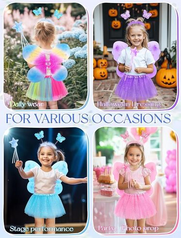 VEKDA 4 Pack Fairy Costume for Girls Butterfly Wings Kids Princess Costume Set with Tutu Skirt,Headband,Fairy Wings and Wand in Kuwait