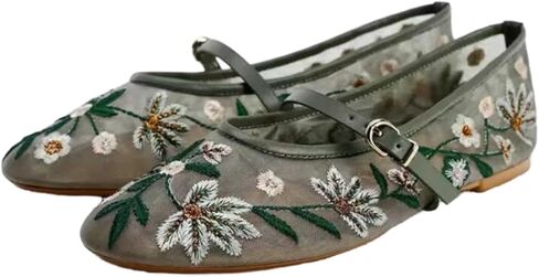 Elbslutt Mesh Ballet Flats for Women Slip On Ballerina Flats Shoes Tulle Floral Embroidered Mary Jane Flats Shoes Nude Buckle Strap Round Toe Comfortable Casual Work Dress Shoes in Kuwait