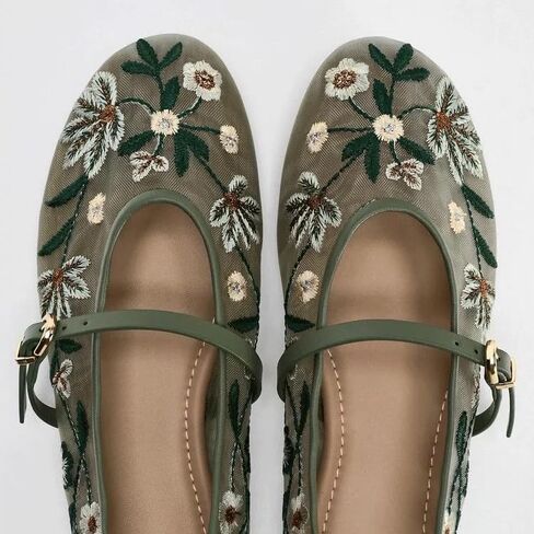 Elbslutt Mesh Ballet Flats for Women Slip On Ballerina Flats Shoes Tulle Floral Embroidered Mary Jane Flats Shoes Nude Buckle Strap Round Toe Comfortable Casual Work Dress Shoes in Kuwait