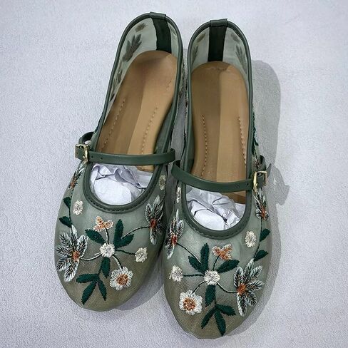 Elbslutt Mesh Ballet Flats for Women Slip On Ballerina Flats Shoes Tulle Floral Embroidered Mary Jane Flats Shoes Nude Buckle Strap Round Toe Comfortable Casual Work Dress Shoes in Kuwait