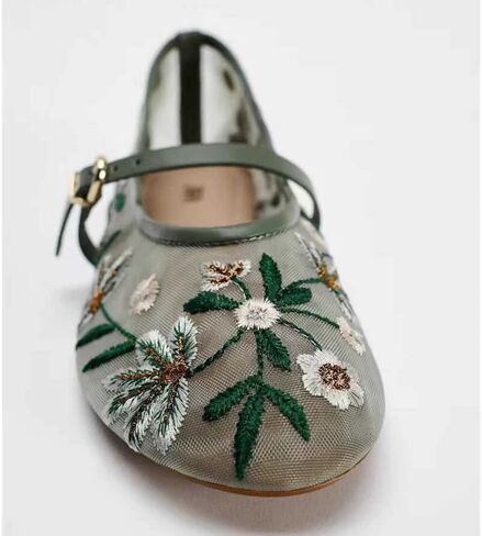 Elbslutt Mesh Ballet Flats for Women Slip On Ballerina Flats Shoes Tulle Floral Embroidered Mary Jane Flats Shoes Nude Buckle Strap Round Toe Comfortable Casual Work Dress Shoes in Kuwait