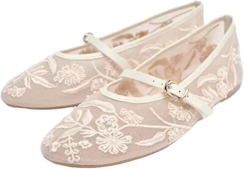 Elbslutt Mesh Ballet Flats for Women Slip On Ballerina Flats Shoes Tulle Floral Embroidered Mary Jane Flats Shoes Nude Buckle Strap Round Toe Comfortable Casual Work Dress Shoes in Kuwait