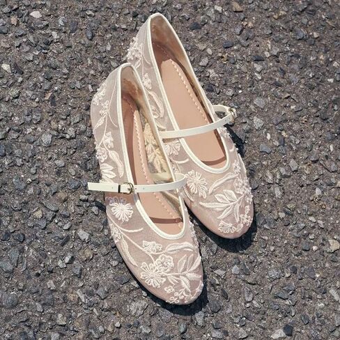 Elbslutt Mesh Ballet Flats for Women Slip On Ballerina Flats Shoes Tulle Floral Embroidered Mary Jane Flats Shoes Nude Buckle Strap Round Toe Comfortable Casual Work Dress Shoes in Kuwait