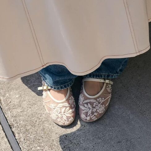 Elbslutt Mesh Ballet Flats for Women Slip On Ballerina Flats Shoes Tulle Floral Embroidered Mary Jane Flats Shoes Nude Buckle Strap Round Toe Comfortable Casual Work Dress Shoes in Kuwait