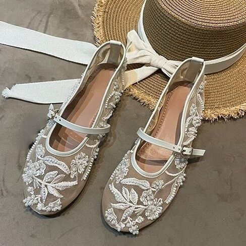 Elbslutt Mesh Ballet Flats for Women Slip On Ballerina Flats Shoes Tulle Floral Embroidered Mary Jane Flats Shoes Nude Buckle Strap Round Toe Comfortable Casual Work Dress Shoes in Kuwait