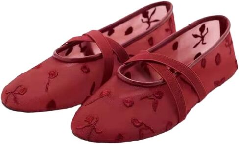 Elbslutt Mesh Ballet Flats for Women Slip On Ballerina Flats Shoes Tulle Floral Embroidered Mary Jane Flats Shoes Nude Buckle Strap Round Toe Comfortable Casual Work Dress Shoes in Kuwait