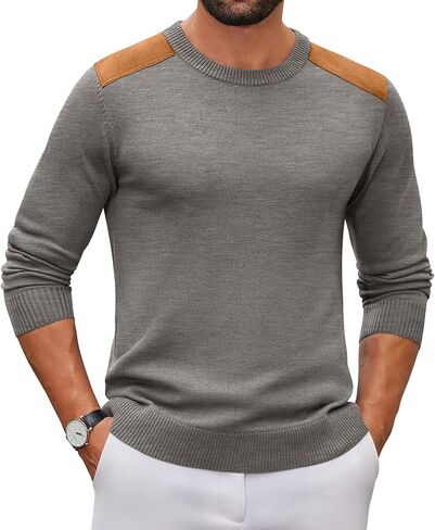 COOFANDY Mens Crew Neck Sweater Lightweight Knit Ribbed Pullover Casual Dress Pullover Sweaters with Suede Patchwork in Saudi Arabia
