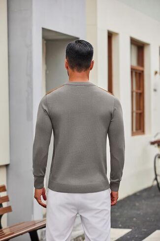 COOFANDY Mens Crew Neck Sweater Lightweight Knit Ribbed Pullover Casual Dress Pullover Sweaters with Suede Patchwork in Saudi Arabia