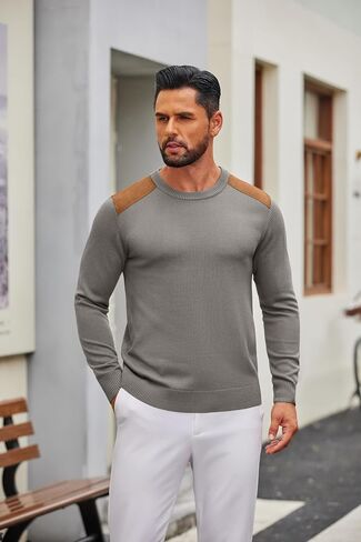 COOFANDY Mens Crew Neck Sweater Lightweight Knit Ribbed Pullover Casual Dress Pullover Sweaters with Suede Patchwork in Saudi Arabia