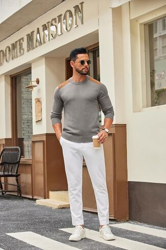 COOFANDY Mens Crew Neck Sweater Lightweight Knit Ribbed Pullover Casual Dress Pullover Sweaters with Suede Patchwork in Saudi Arabia