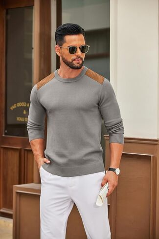 COOFANDY Mens Crew Neck Sweater Lightweight Knit Ribbed Pullover Casual Dress Pullover Sweaters with Suede Patchwork in Saudi Arabia