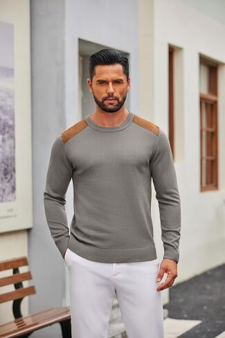COOFANDY Mens Crew Neck Sweater Lightweight Knit Ribbed Pullover Casual Dress Pullover Sweaters with Suede Patchwork in Saudi Arabia