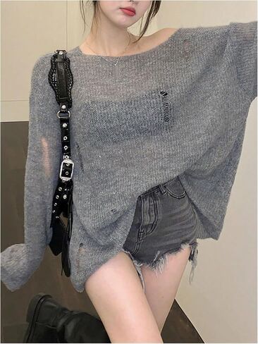 SHENHE Women's Y2k Ripped Sweater Oversized Off The Shoulder Grunge Punk Sweater Pullover in Saudi Arabia