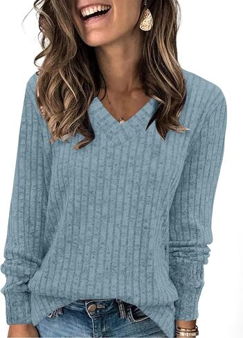 V Neck Long Sleeve Shirts for Women Casual Fall Tops Lightweight Tunic Sweaters Fashion Clothes 2025 in Saudi Arabia