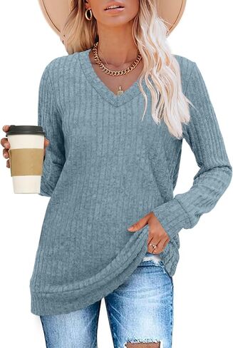 V Neck Long Sleeve Shirts for Women Casual Fall Tops Lightweight Tunic Sweaters Fashion Clothes 2025 in Saudi Arabia