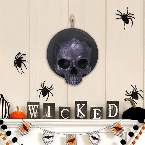 WONDER GARDEN 7.68 بوصة جمجمة الهالوين ديكورات جدارية معلقة تضيء الراتنج الأحمر الهيكل العظمي القوطي للهالوين منحوتات مخيفة للأماكن الداخلية والخارجية والمكتب والرعب وديكور باب المنزل in Kuwait