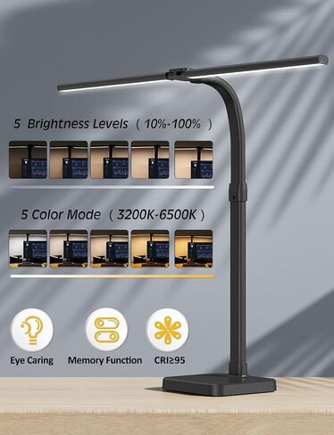 مصباح مكتب LED للمكتب المنزلي، رأس مزدوج 24 وات مع منفذ شحن USB وشاحن لاسلكي، ضوء معماري 5 سطوع إضاءة مرنة لدراسة قراءة طاولة معقوفة، أسود in Kuwait