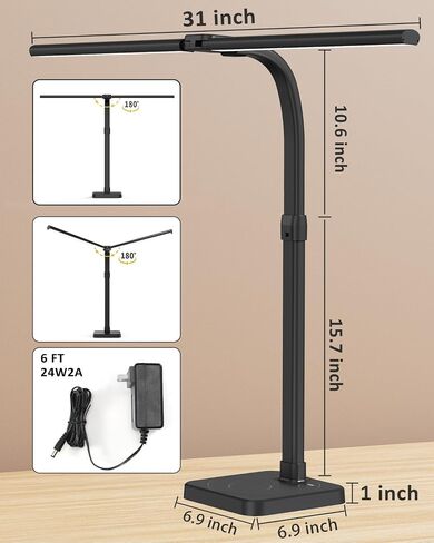 مصباح مكتب LED للمكتب المنزلي، رأس مزدوج 24 وات مع منفذ شحن USB وشاحن لاسلكي، ضوء معماري 5 سطوع إضاءة مرنة لدراسة قراءة طاولة معقوفة، أسود in Kuwait