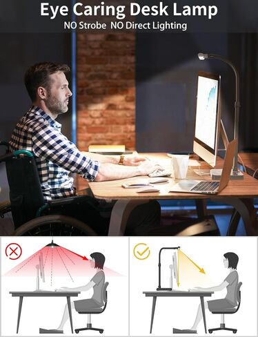 مصباح مكتب LED للمكتب المنزلي، رأس مزدوج 24 وات مع منفذ شحن USB وشاحن لاسلكي، ضوء معماري 5 سطوع إضاءة مرنة لدراسة قراءة طاولة معقوفة، أسود in Kuwait