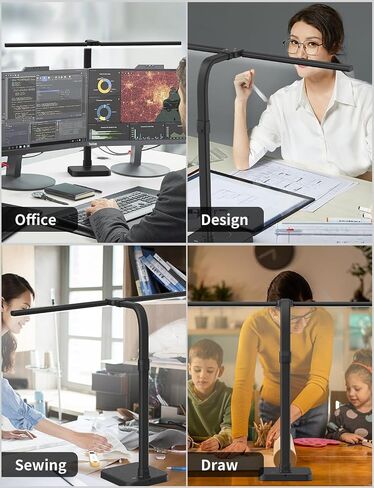 مصباح مكتب LED للمكتب المنزلي، رأس مزدوج 24 وات مع منفذ شحن USB وشاحن لاسلكي، ضوء معماري 5 سطوع إضاءة مرنة لدراسة قراءة طاولة معقوفة، أسود in Kuwait