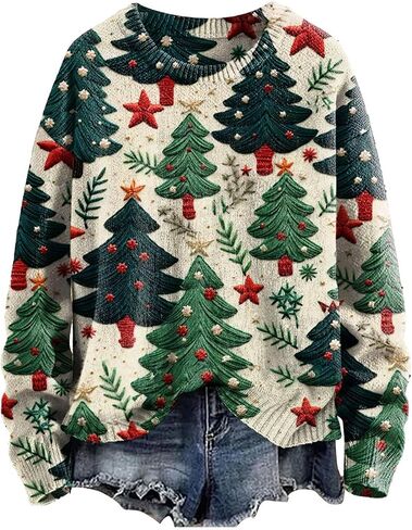 Ugly Christmas Sweater Women Long Sleeve Xmas Tree Printed Pullover 2025 Fall Winter Cute Crew Neck Holiday Sweaters in Saudi Arabia