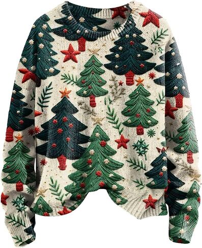 Ugly Christmas Sweater Women Long Sleeve Xmas Tree Printed Pullover 2025 Fall Winter Cute Crew Neck Holiday Sweaters in Saudi Arabia