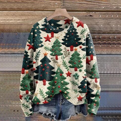 Ugly Christmas Sweater Women Long Sleeve Xmas Tree Printed Pullover 2025 Fall Winter Cute Crew Neck Holiday Sweaters in Saudi Arabia