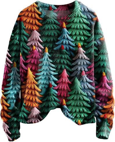 Ugly Christmas Sweater Women Long Sleeve Xmas Tree Printed Pullover 2025 Fall Winter Cute Crew Neck Holiday Sweaters in Saudi Arabia