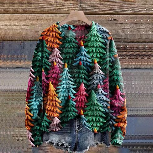Ugly Christmas Sweater Women Long Sleeve Xmas Tree Printed Pullover 2025 Fall Winter Cute Crew Neck Holiday Sweaters in Saudi Arabia