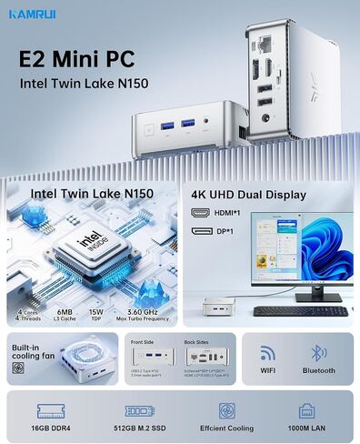 كمبيوتر KAMRUI GK3 Plus Mini PC، Intel Alder Lake الثاني عشر - N95 (حتى 3.4 جيجا هرتز) ذاكرة الوصول العشوائي 8 جيجا بايت 256 جيجا بايت M.2 SSD كمبيوتر صغير، جيجابت إيثرنت، 4K UHD، شبكة Wi-Fi مزدوجة، BT 4.2 كمبيوتر مكتبي صغير للمنزل/الأعمال in Saudi Arabia