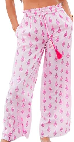 بنطلون DEBBIE KATZ Hailey Pink Palazzo - 100% قطن، ساق واسعة، رباط قابل للتعديل، سروال منتجع Boho، خفيف الوزن، XS-XL in Saudi Arabia