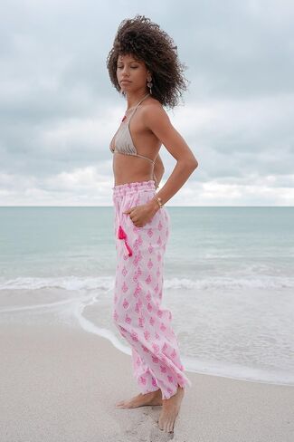 بنطلون DEBBIE KATZ Hailey Pink Palazzo - 100% قطن، ساق واسعة، رباط قابل للتعديل، سروال منتجع Boho، خفيف الوزن، XS-XL in Saudi Arabia