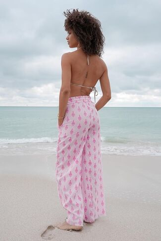 بنطلون DEBBIE KATZ Hailey Pink Palazzo - 100% قطن، ساق واسعة، رباط قابل للتعديل، سروال منتجع Boho، خفيف الوزن، XS-XL in Saudi Arabia