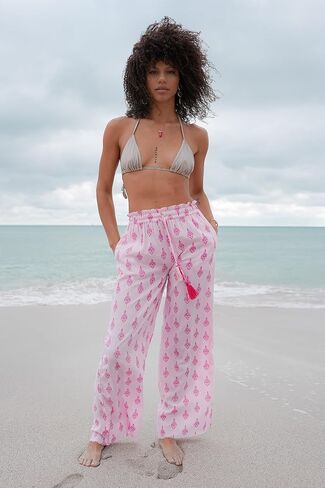 بنطلون DEBBIE KATZ Hailey Pink Palazzo - 100% قطن، ساق واسعة، رباط قابل للتعديل، سروال منتجع Boho، خفيف الوزن، XS-XL in Saudi Arabia