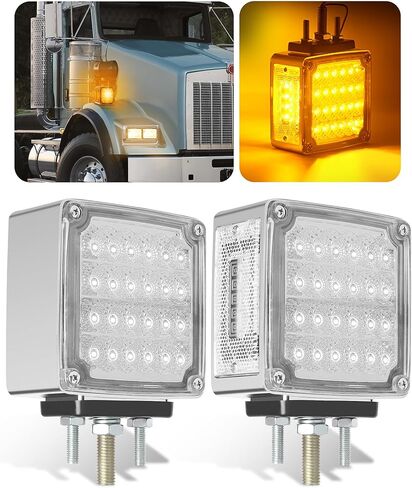 قطعتان من مصابيح إشارة الانعطاف LED المربعة ذات الوجهين الكهرمان 60 مع 3 مسامير تثبيت - مصابيح حاجز مقاومة للماء لشاحنة ثقيلة مقطورة Freightliner Peterbilt Kenworth Mack Western Star in Kuwait