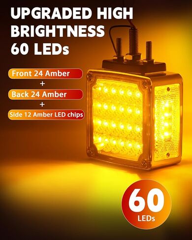 قطعتان من مصابيح إشارة الانعطاف LED المربعة ذات الوجهين الكهرمان 60 مع 3 مسامير تثبيت - مصابيح حاجز مقاومة للماء لشاحنة ثقيلة مقطورة Freightliner Peterbilt Kenworth Mack Western Star in Kuwait