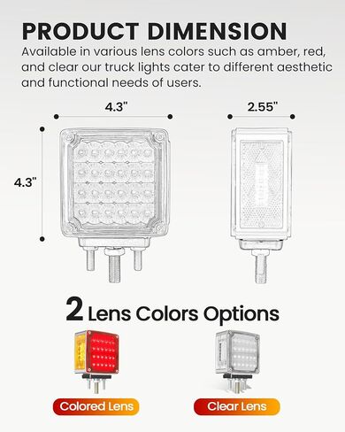 قطعتان من مصابيح إشارة الانعطاف LED المربعة ذات الوجهين الكهرمان 60 مع 3 مسامير تثبيت - مصابيح حاجز مقاومة للماء لشاحنة ثقيلة مقطورة Freightliner Peterbilt Kenworth Mack Western Star in Kuwait